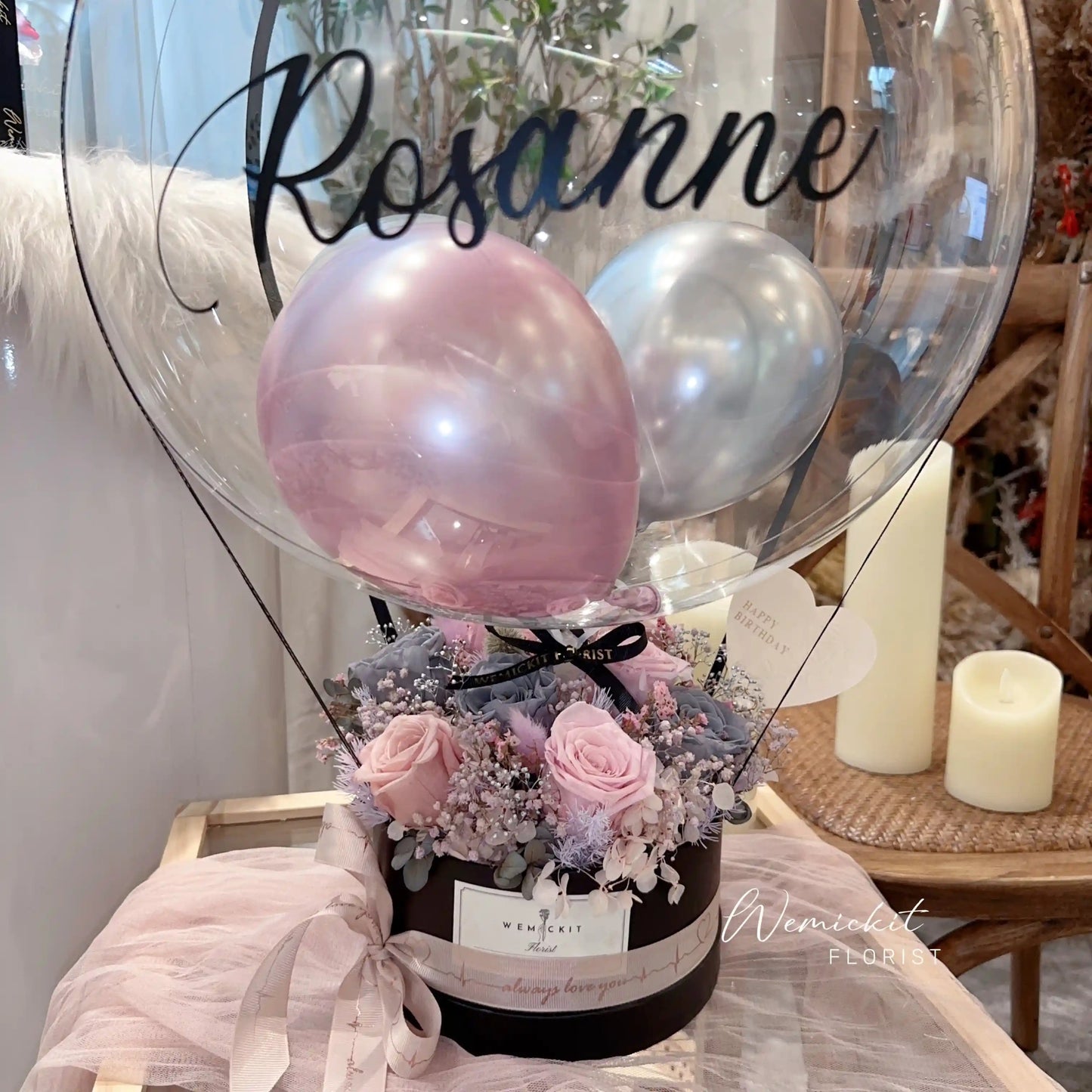 Dusty Pink Preserved Flower Box with Balloon