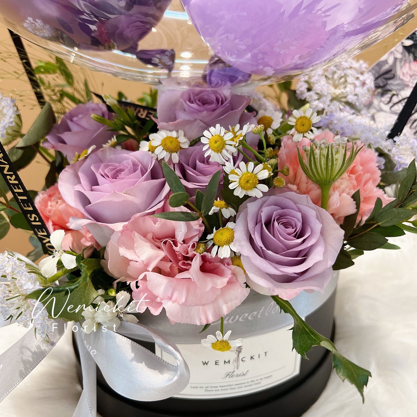 Pansy|Lisianthus x Rose Flower Box with Balloon