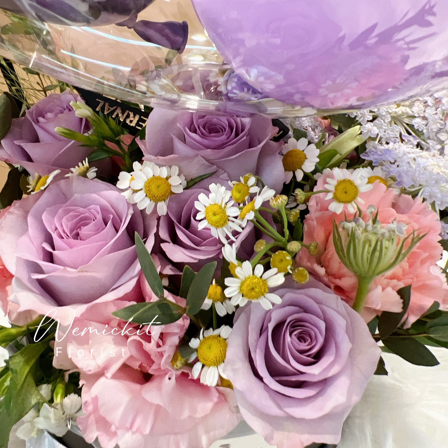 Pansy|Lisianthus x Rose Flower Box with Balloon