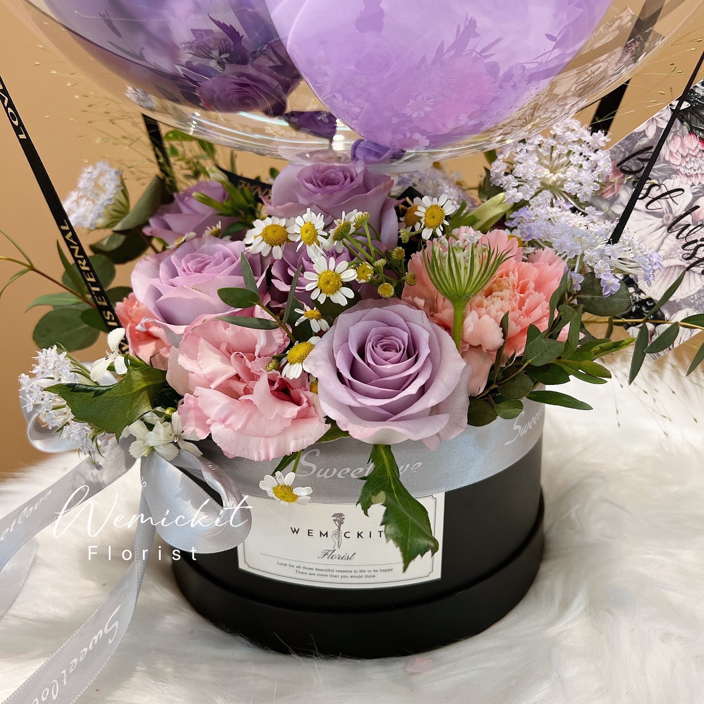 Pansy|Lisianthus x Rose Flower Box with Balloon