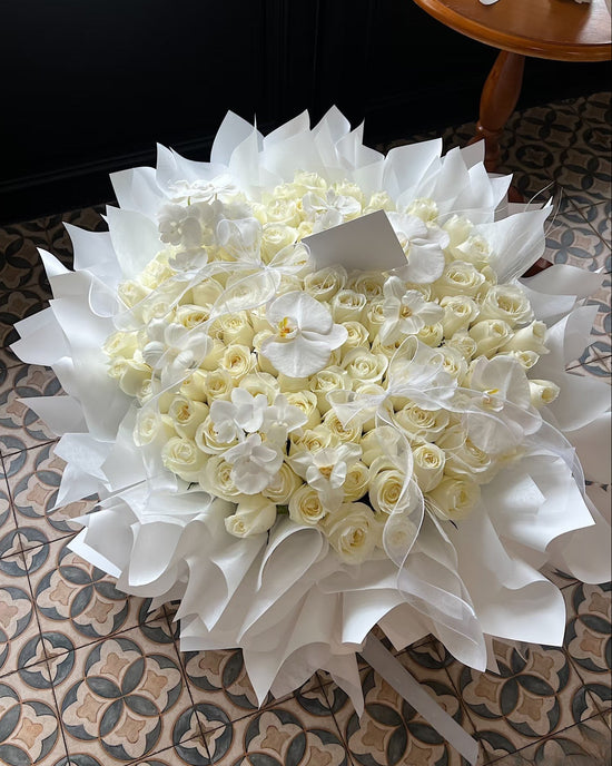 Serene Petal Symphony | 100 White Roses Luxury Fresh Flower Bouquet